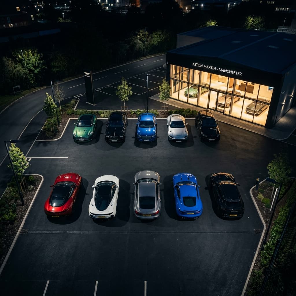 Aerial view of prestige car dealership